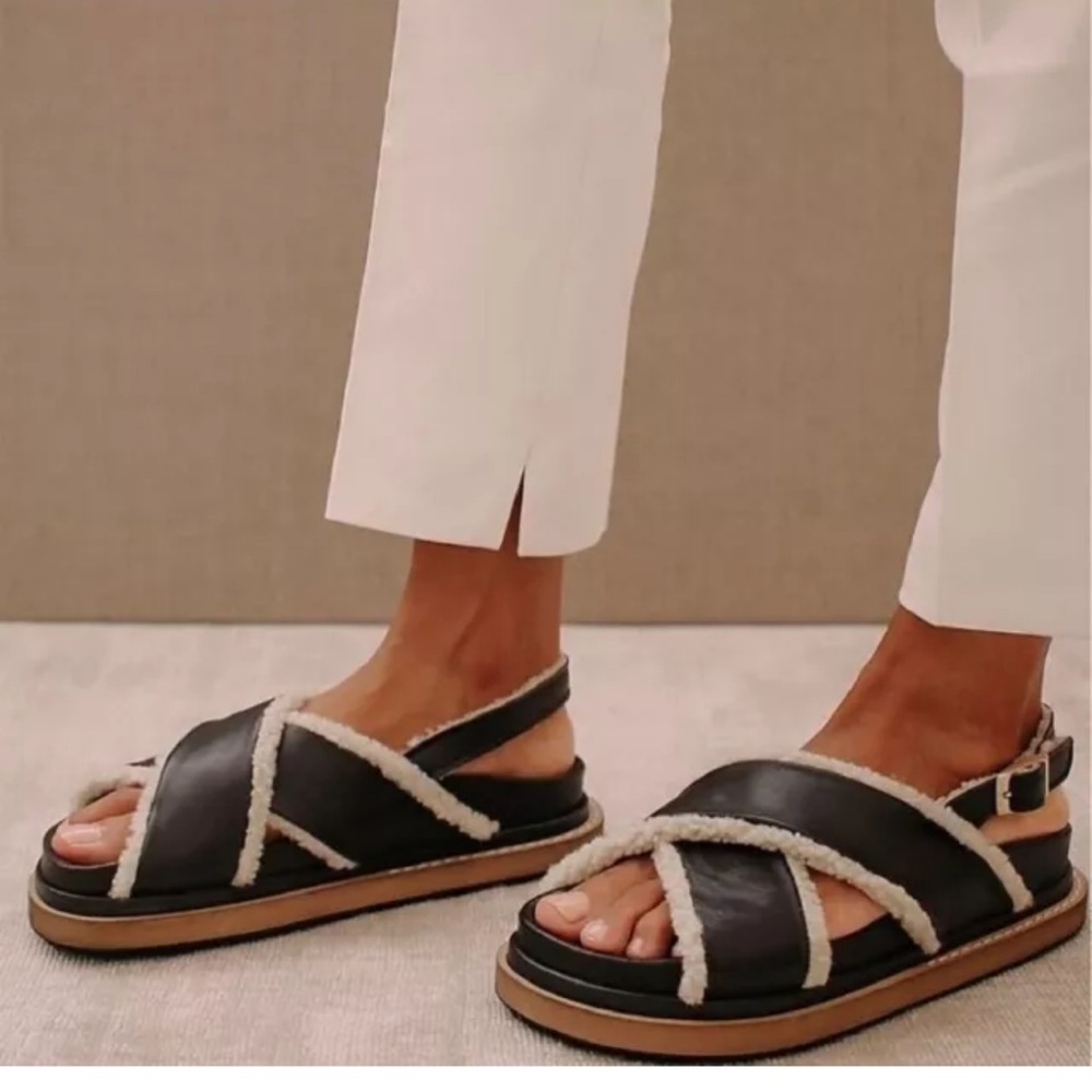 ALOHAS Black and Cream Shearling-Trim Platform Sandals Lisa Says Gah Garmentory